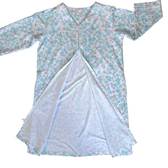 Miss Elaine Floral Zip Front Robe Women M Green Blue Cotton Blend Winter Flannel - Picture 6 of 12